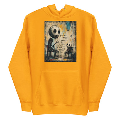 Gold pullover hoodie with the 'Memories' goth graphic: two skull-faced figures sitting in chairs, with the words "Sometimes I wonder if the memories are real"