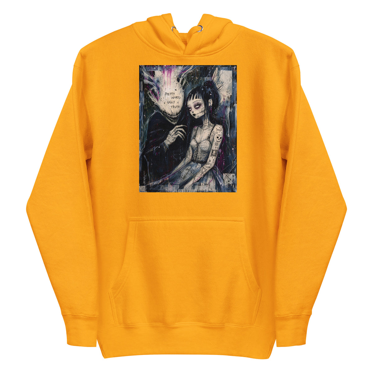 Gold pullover hoodie with the 'Pretty Words' goth graphic: a pale goth bride beside a shadowy creature, with the words "Pretty words, ugly truth"