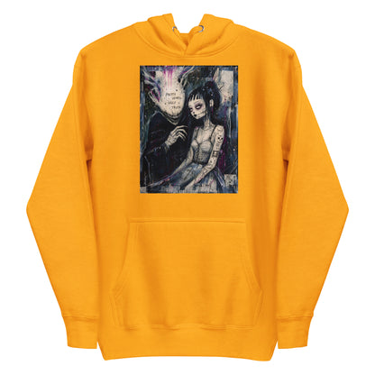 Gold pullover hoodie with the 'Pretty Words' goth graphic: a pale goth bride beside a shadowy creature, with the words "Pretty words, ugly truth"