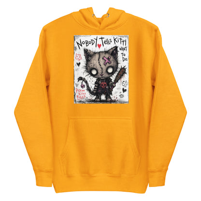 Gold pullover hoodie with the 'Kitty' goth graphic: a stitched zombie cat holding a spiked bat, with the words "Nobody tells Kitty what to do"