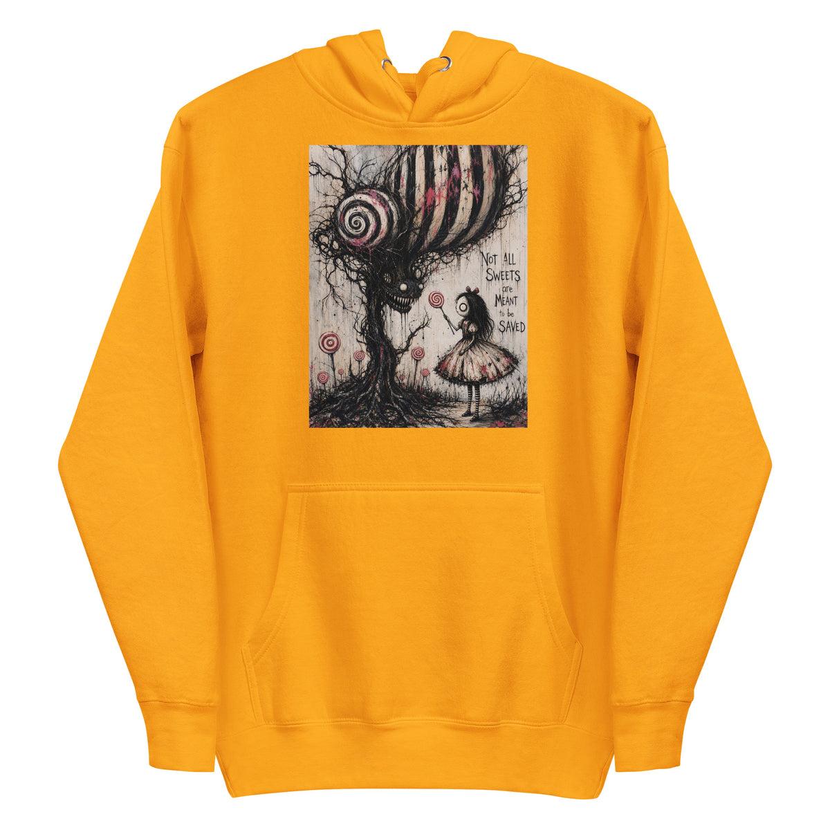 Gold pullover hoodie with the 'Sweet Tooth' goth graphic: a girl with a lollipop facing a creepy candy-striped tree monster, with the words "Not all sweets are meant to be saved"