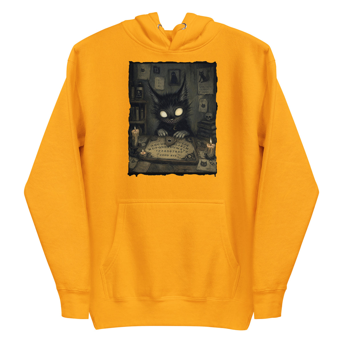 Gold pullover hoodie with the 'Free Readings' goth graphic: a wide-eyed black cat creature at a Ouija board surrounded by candles