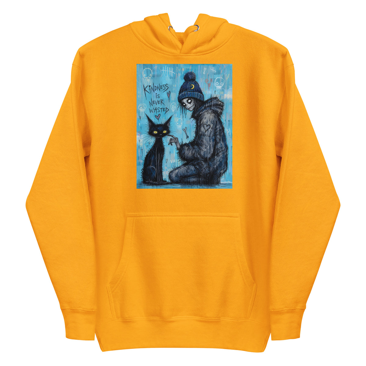 Gold pullover hoodie with the 'Kindness Is Never Wasted' goth graphic: a girl in a moon beanie petting a black cat on a blue background, with the words "Kindness is never wasted"