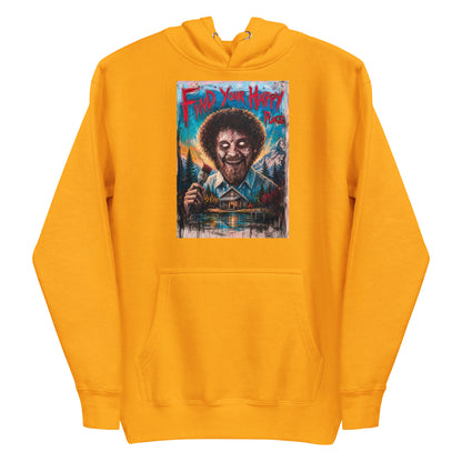 Gold pullover hoodie with the 'Find Your Happy Place' goth graphic: a zombie painter with a curly afro holding a paintbrush in front of a lakeside cabin, with the words "Find your happy place"