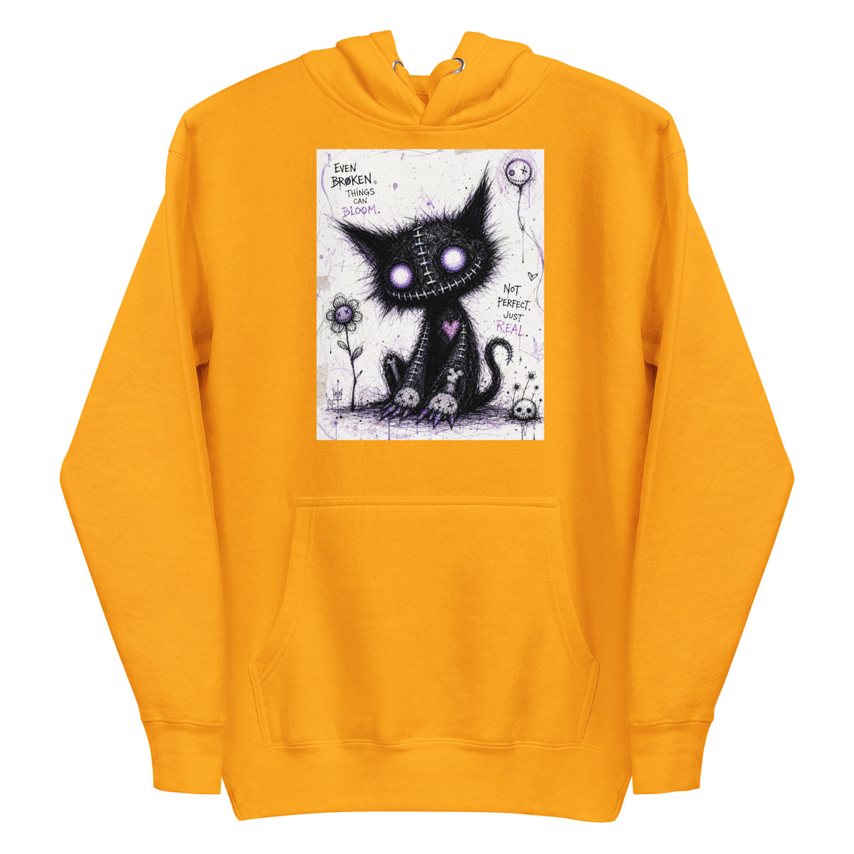 Gold pullover hoodie with the 'Even Broken Things Can Bloom' goth graphic: a stitched black cat with glowing purple eyes beside a flower, with the words "Even broken things can bloom"