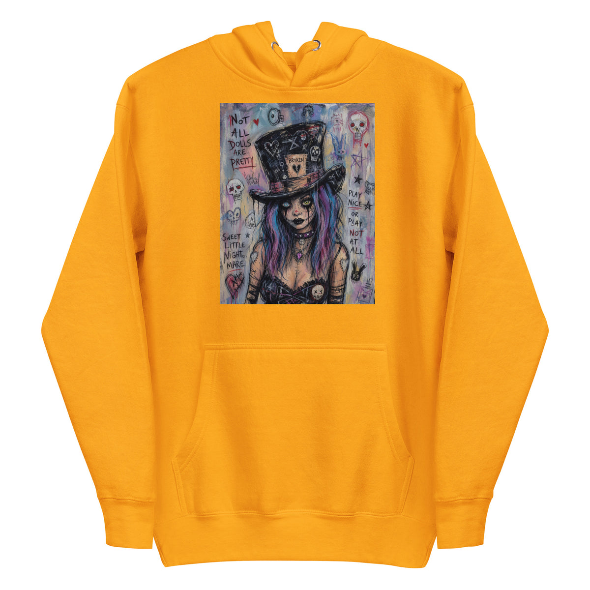 Gold pullover hoodie with the 'The Real Alice' goth graphic: a goth girl with blue and purple hair in a patched top hat, with the words "Not all dolls are pretty"