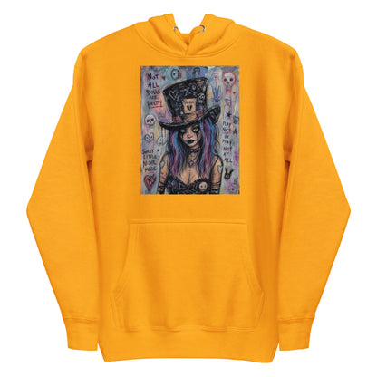 Gold pullover hoodie with the 'The Real Alice' goth graphic: a goth girl with blue and purple hair in a patched top hat, with the words "Not all dolls are pretty"