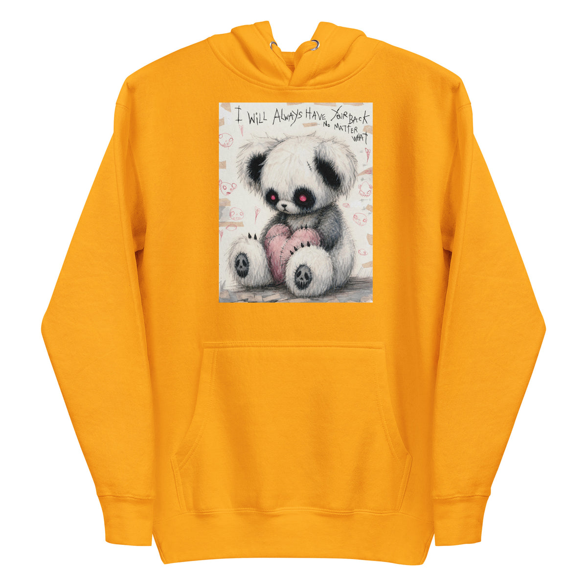 Gold pullover hoodie with the 'Always Got Your Back' goth graphic: a stitched panda-style teddy bear holding a pink heart, with the words "I will always have your back no matter what"
