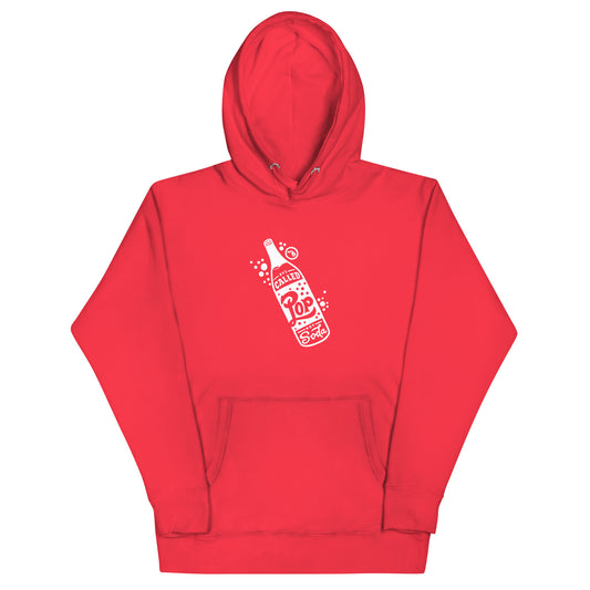 Unisex hoodie in red with hood, drawstrings, front pocket, and white Pop graphic