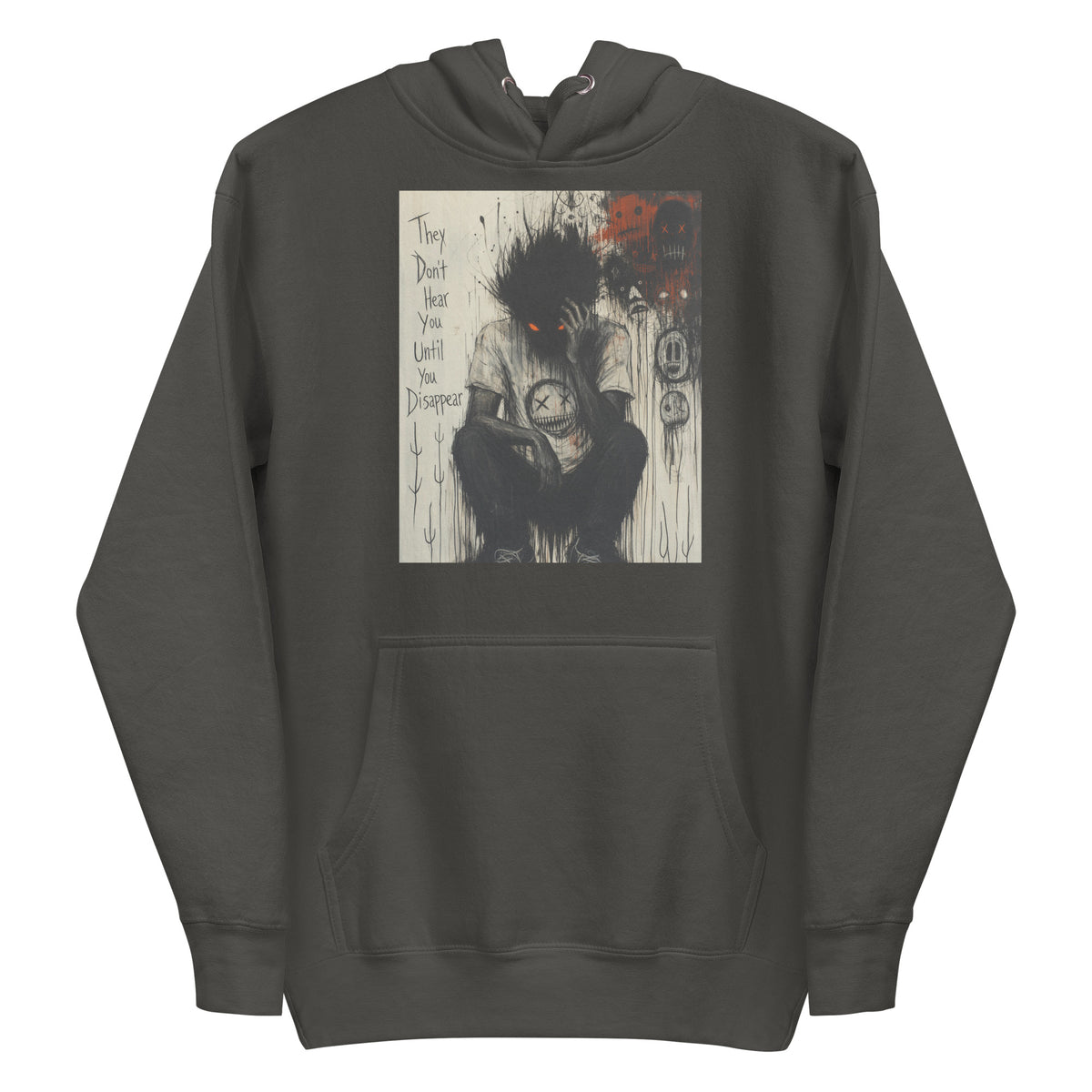 Vintage black pullover hoodie with the 'To Late' goth graphic: a shadowy, wild-haired figure with glowing red eyes hunched over, with the words "They don't hear you until you disappear"