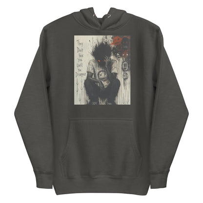 Vintage black pullover hoodie with the 'To Late' goth graphic: a shadowy, wild-haired figure with glowing red eyes hunched over, with the words "They don't hear you until you disappear"