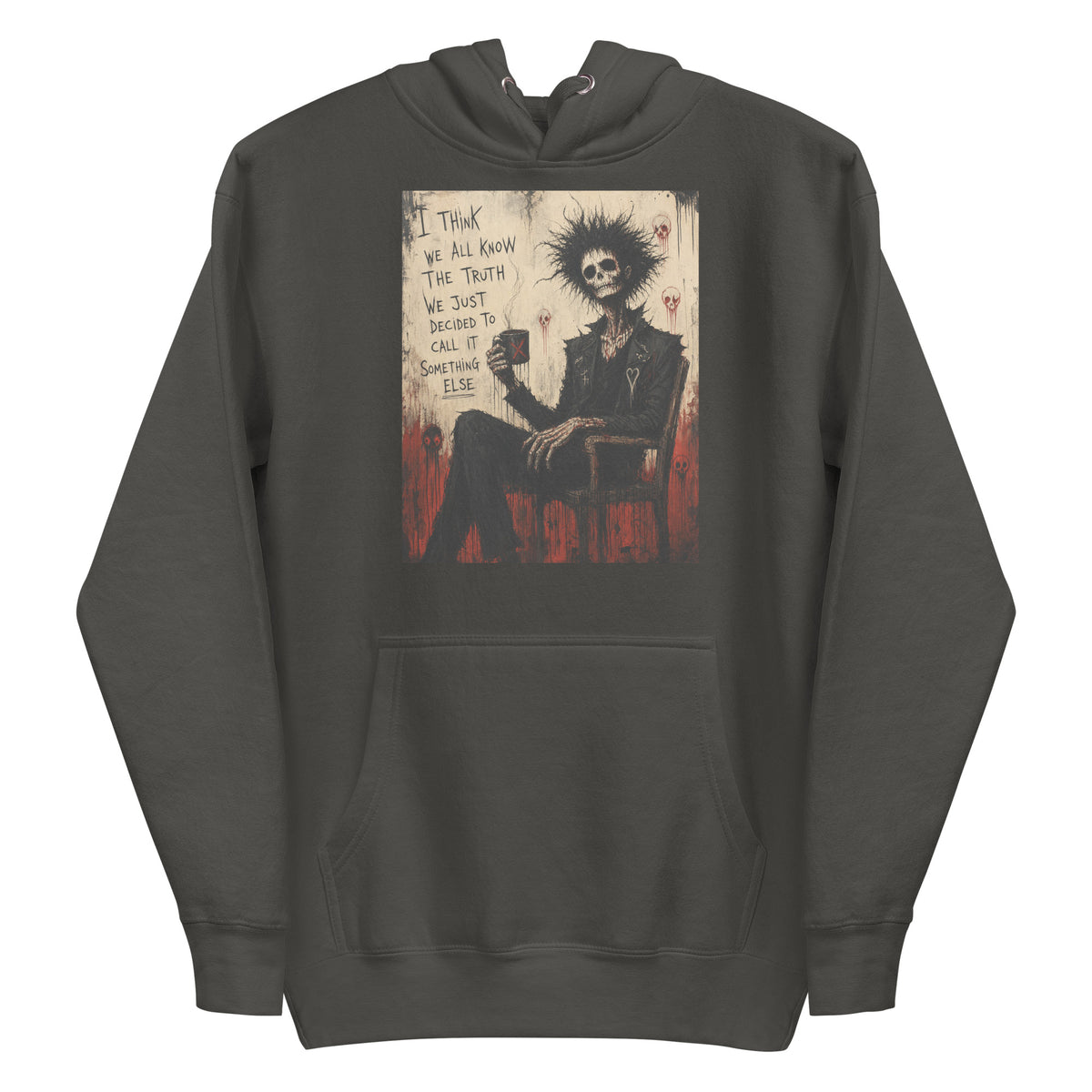 Vintage black pullover hoodie with the 'Truth and Lies' goth graphic: a wild-haired skeleton in a chair holding a mug, with the words "I think we all know the truth, we just decided to call it something else"