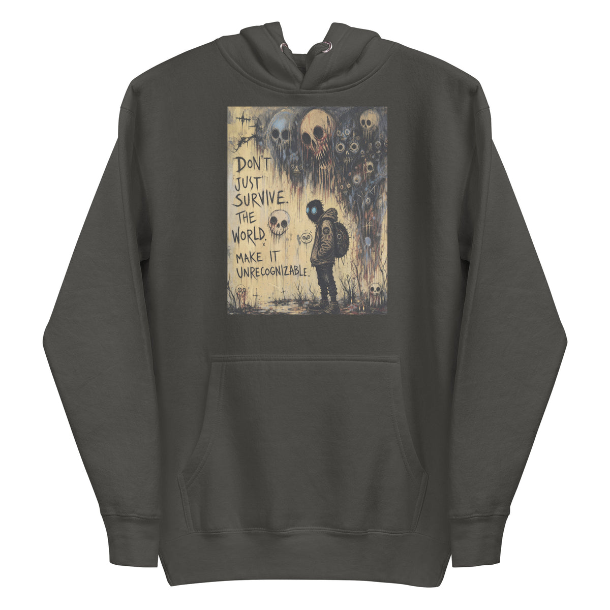 Vintage black pullover hoodie with the 'World Changer' goth graphic: a hooded figure beneath looming skulls, with the words "Don't just survive the world, make it unrecognizable"
