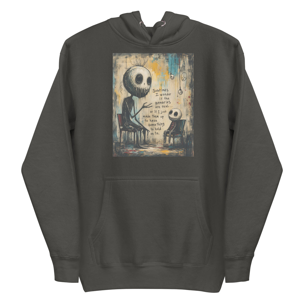 Vintage black pullover hoodie with the 'Memories' goth graphic: two skull-faced figures sitting in chairs, with the words "Sometimes I wonder if the memories are real"