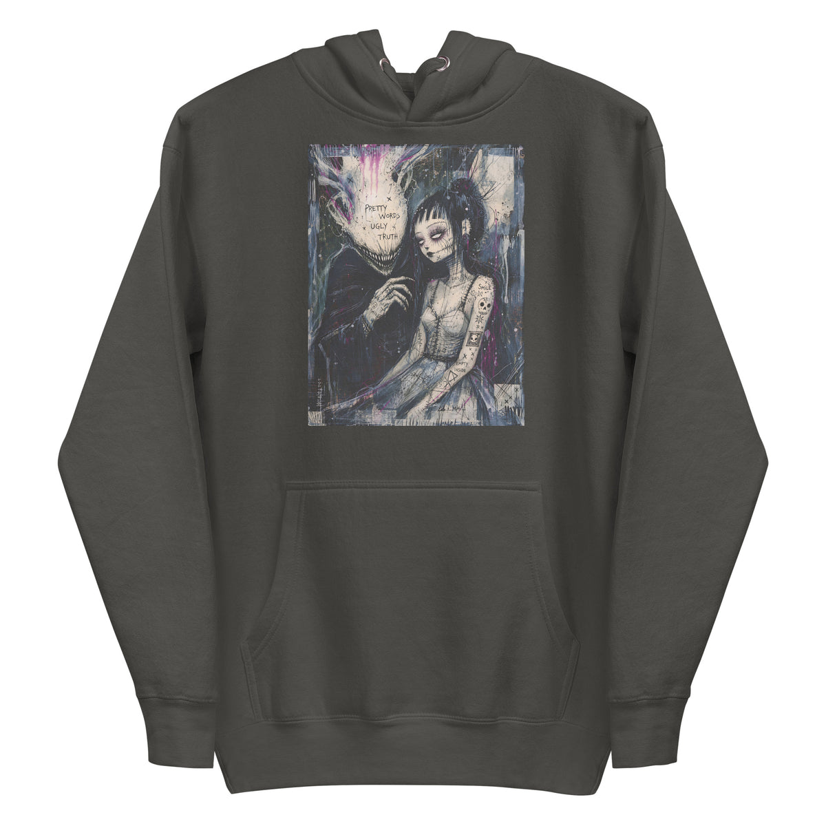 Vintage black pullover hoodie with the 'Pretty Words' goth graphic: a pale goth bride beside a shadowy creature, with the words "Pretty words, ugly truth"
