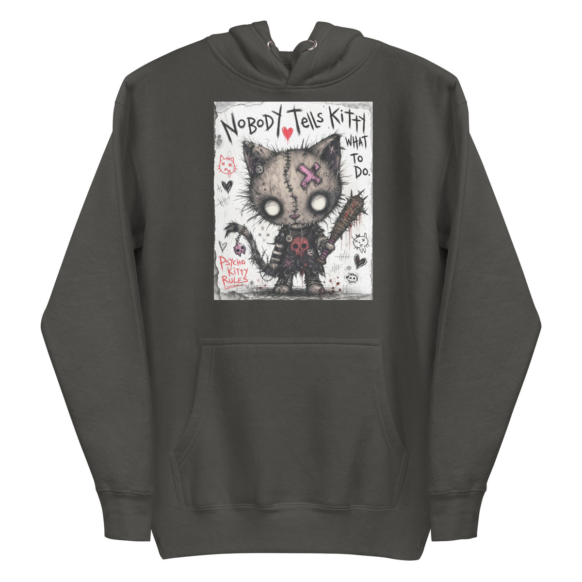Vintage black pullover hoodie with the 'Kitty' goth graphic: a stitched zombie cat holding a spiked bat, with the words "Nobody tells Kitty what to do"