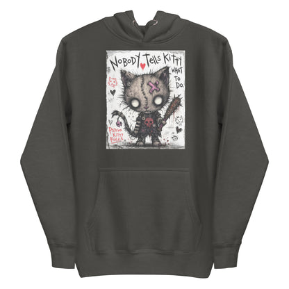 Vintage black pullover hoodie with the 'Kitty' goth graphic: a stitched zombie cat holding a spiked bat, with the words "Nobody tells Kitty what to do"
