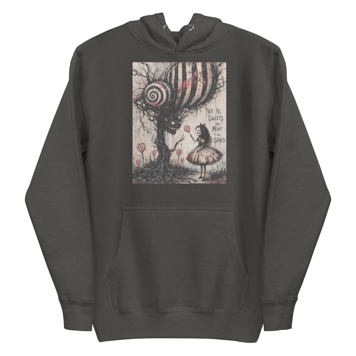 Vintage black pullover hoodie with the 'Sweet Tooth' goth graphic: a girl with a lollipop facing a creepy candy-striped tree monster, with the words "Not all sweets are meant to be saved"