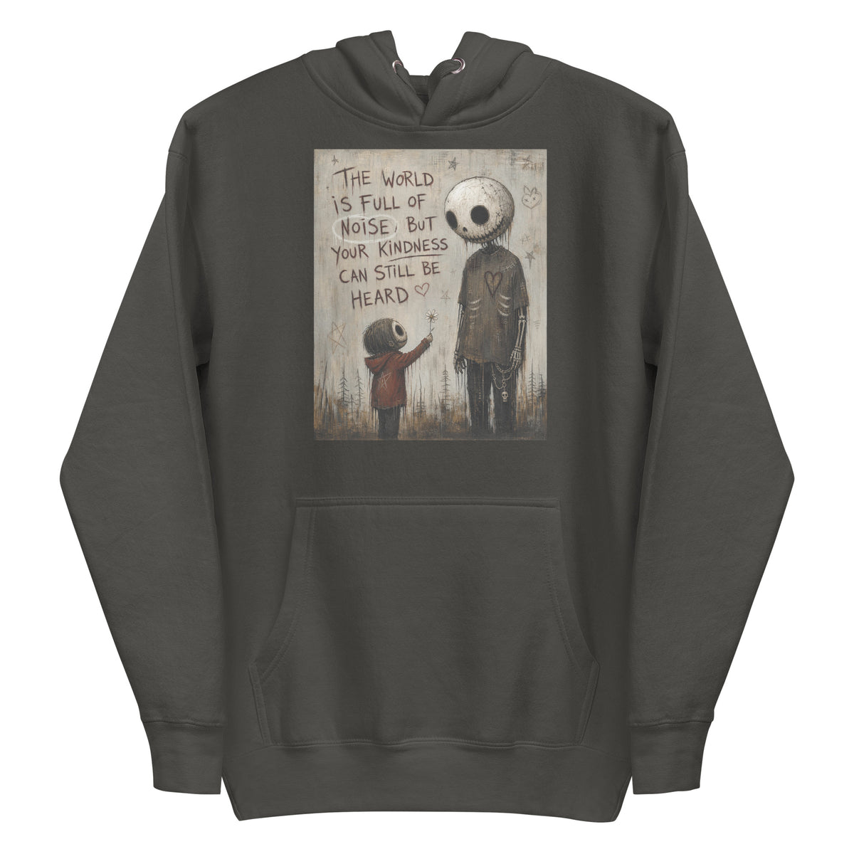 Vintage black pullover hoodie with the 'Stay Kind' goth graphic: a tall skull-faced figure and a small child holding a flower, with the words "The world is full of noise, but your kindness can still be heard"