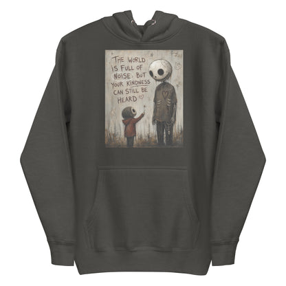 Vintage black pullover hoodie with the 'Stay Kind' goth graphic: a tall skull-faced figure and a small child holding a flower, with the words "The world is full of noise, but your kindness can still be heard"