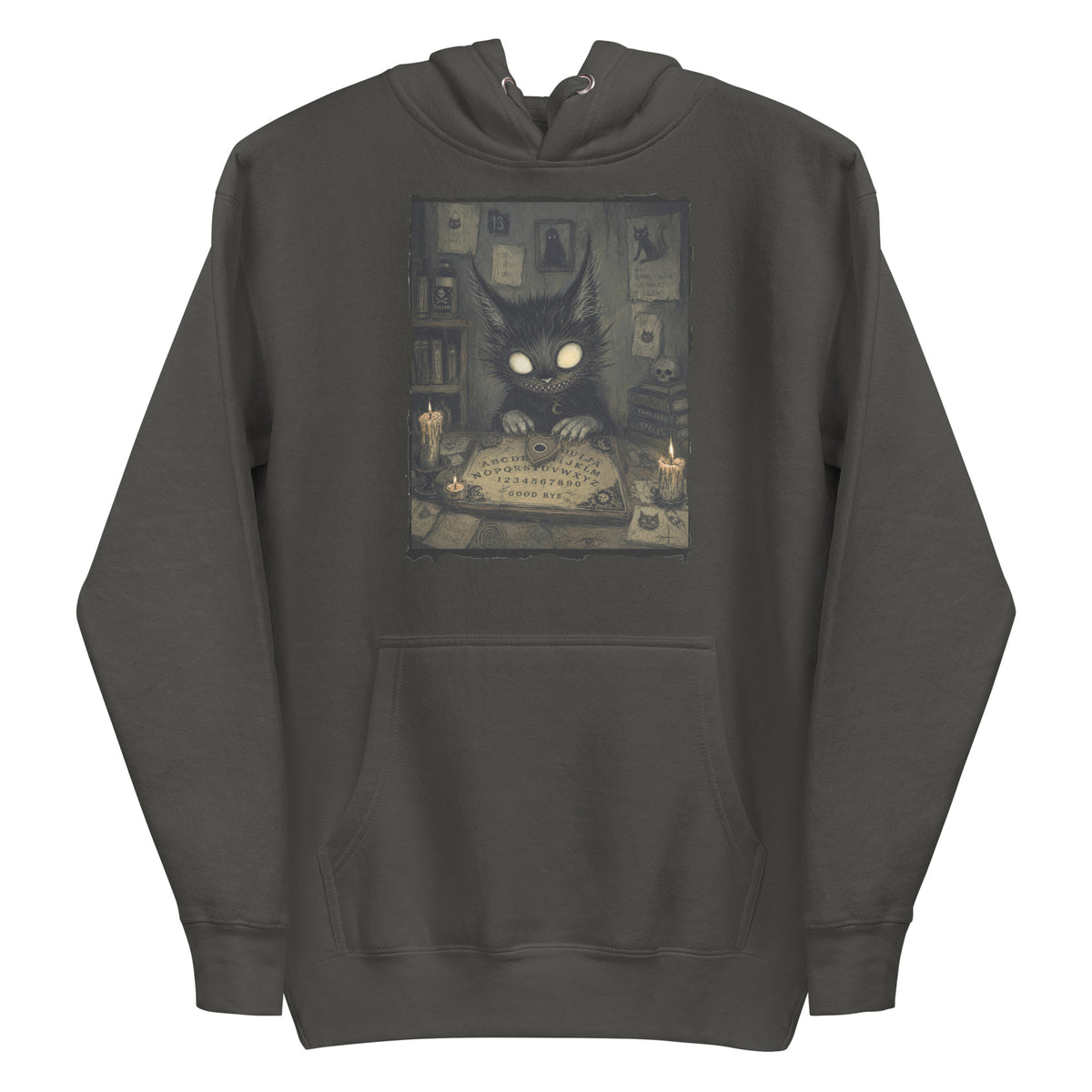 Vintage black pullover hoodie with the 'Free Readings' goth graphic: a wide-eyed black cat creature at a Ouija board surrounded by candles