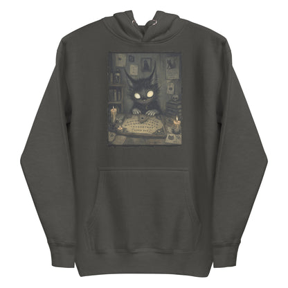Vintage black pullover hoodie with the 'Free Readings' goth graphic: a wide-eyed black cat creature at a Ouija board surrounded by candles