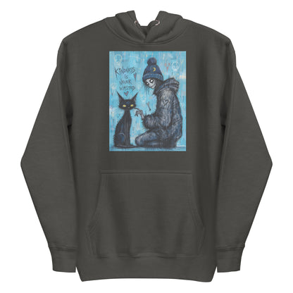 Vintage black pullover hoodie with the 'Kindness Is Never Wasted' goth graphic: a girl in a moon beanie petting a black cat on a blue background, with the words "Kindness is never wasted"