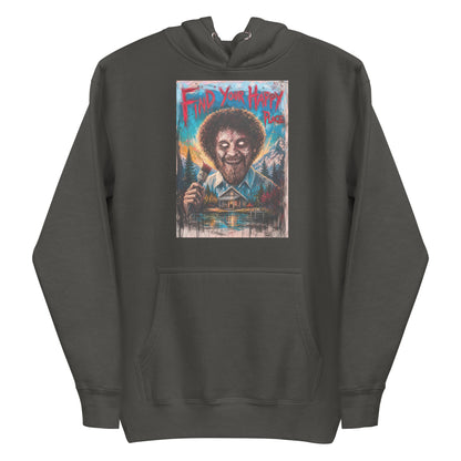 Vintage black pullover hoodie with the 'Find Your Happy Place' goth graphic: a zombie painter with a curly afro holding a paintbrush in front of a lakeside cabin, with the words "Find your happy place"