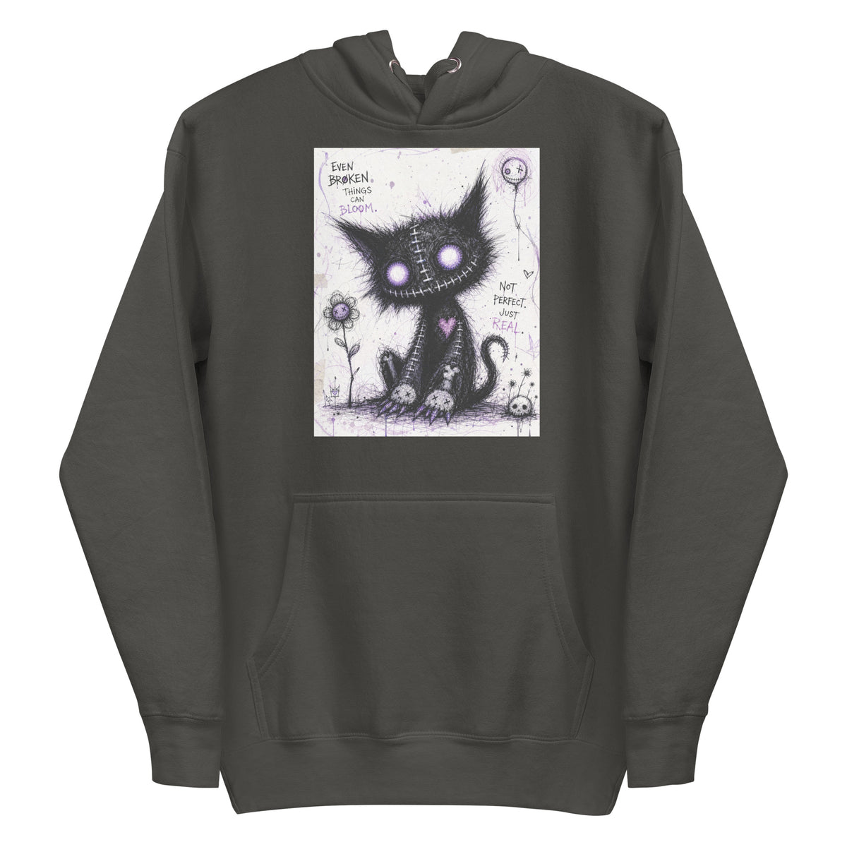 Vintage black pullover hoodie with the 'Even Broken Things Can Bloom' goth graphic: a stitched black cat with glowing purple eyes beside a flower, with the words "Even broken things can bloom"