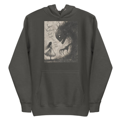 Vintage black pullover hoodie with the 'Nightmares' goth graphic: a girl in a white dress facing a shadowy clawed monster, with the words "Some nightmares don't leave, they learn your name"