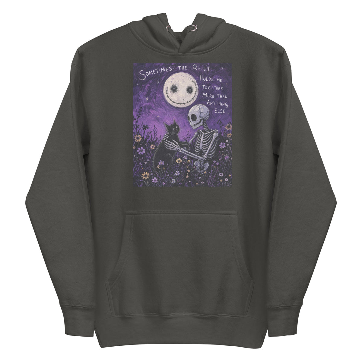 Vintage black pullover hoodie with the 'The Quiet Heals' goth graphic: a skeleton and a black cat in a purple flower field under a smiling moon, with the words "Sometimes the quiet holds me together more than anything else"