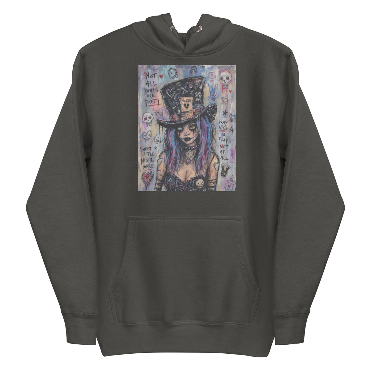 Vintage black pullover hoodie with the 'The Real Alice' goth graphic: a goth girl with blue and purple hair in a patched top hat, with the words "Not all dolls are pretty"