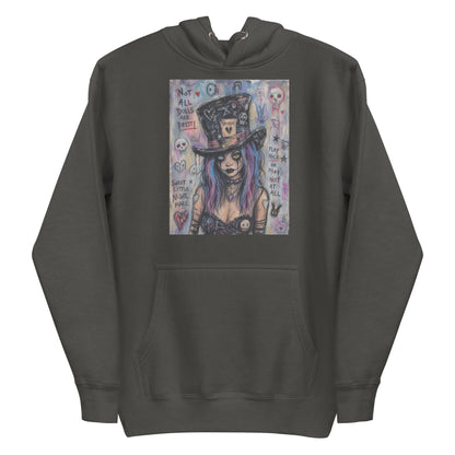 Vintage black pullover hoodie with the 'The Real Alice' goth graphic: a goth girl with blue and purple hair in a patched top hat, with the words "Not all dolls are pretty"