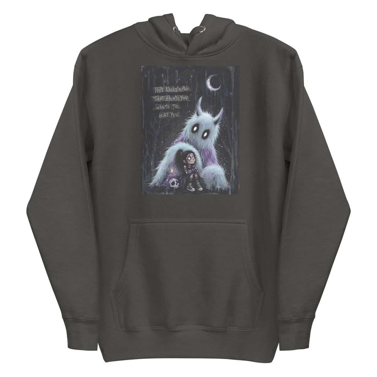 Vintage black pullover hoodie with the 'The Haunted' goth graphic: a little goth girl holding a candle beside a fuzzy blue monster under a crescent moon, with the words "Not everything that haunts you wants to hurt you"