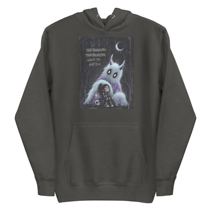 Vintage black pullover hoodie with the 'The Haunted' goth graphic: a little goth girl holding a candle beside a fuzzy blue monster under a crescent moon, with the words "Not everything that haunts you wants to hurt you"