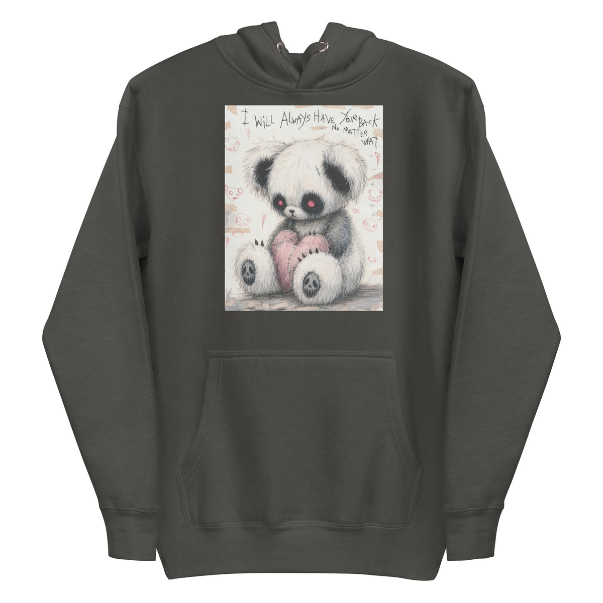 Vintage black pullover hoodie with the 'Always Got Your Back' goth graphic: a stitched panda-style teddy bear holding a pink heart, with the words "I will always have your back no matter what"