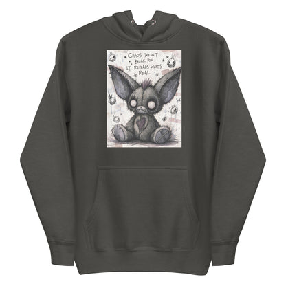 Vintage black pullover hoodie with the 'Chaos' goth graphic: a stitched gray big-eared creature with button eyes, with the words "Chaos doesn't break you, it reveals what's real"