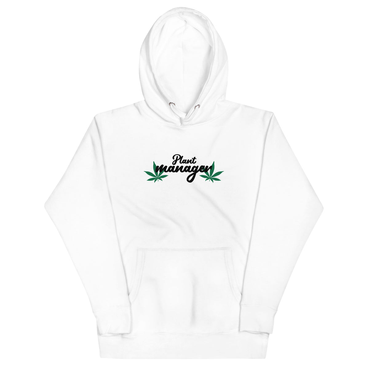 Unisex hoodie in white with Plant Managers logo on chest and front kangaroo pocket