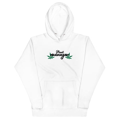 Unisex hoodie in white with Plant Managers logo on chest and front kangaroo pocket
