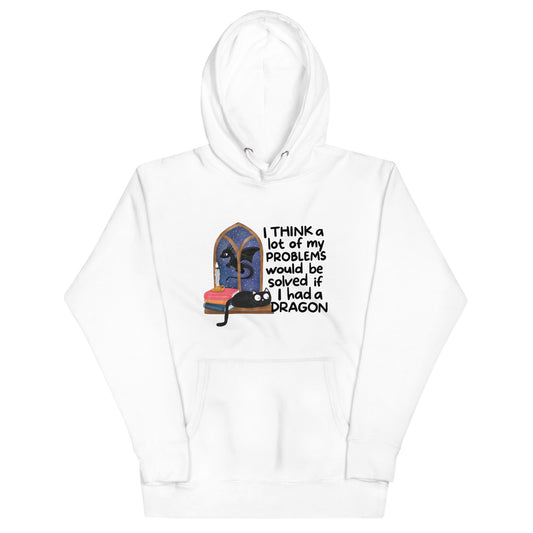 White unisex hoodie with front kangaroo pocket, drawstring hood, and dragon graphic on chest