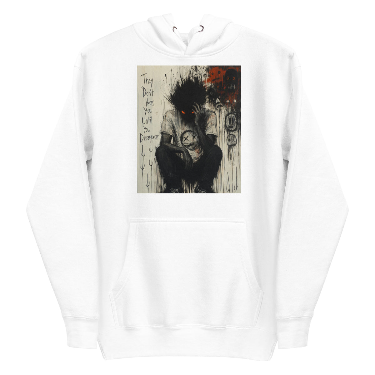 White pullover hoodie with the 'To Late' goth graphic: a shadowy, wild-haired figure with glowing red eyes hunched over, with the words "They don't hear you until you disappear"