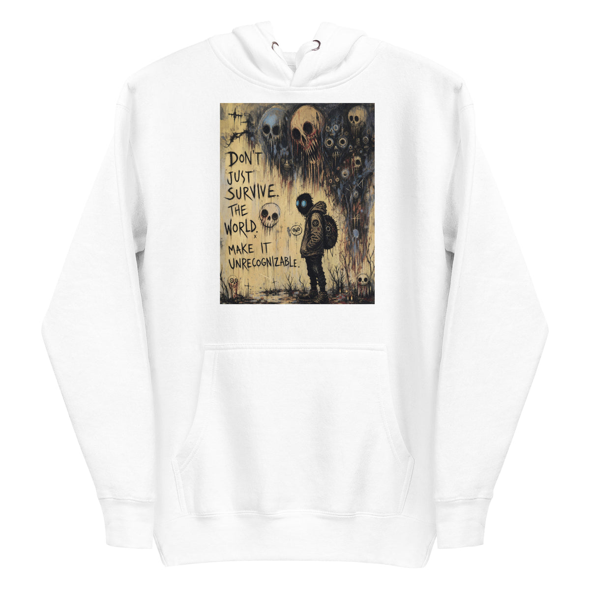 White pullover hoodie with the 'World Changer' goth graphic: a hooded figure beneath looming skulls, with the words "Don't just survive the world, make it unrecognizable"