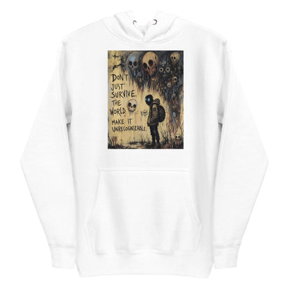 White pullover hoodie with the 'World Changer' goth graphic: a hooded figure beneath looming skulls, with the words "Don't just survive the world, make it unrecognizable"