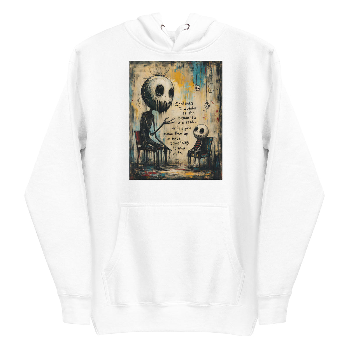 White pullover hoodie with the 'Memories' goth graphic: two skull-faced figures sitting in chairs, with the words "Sometimes I wonder if the memories are real"