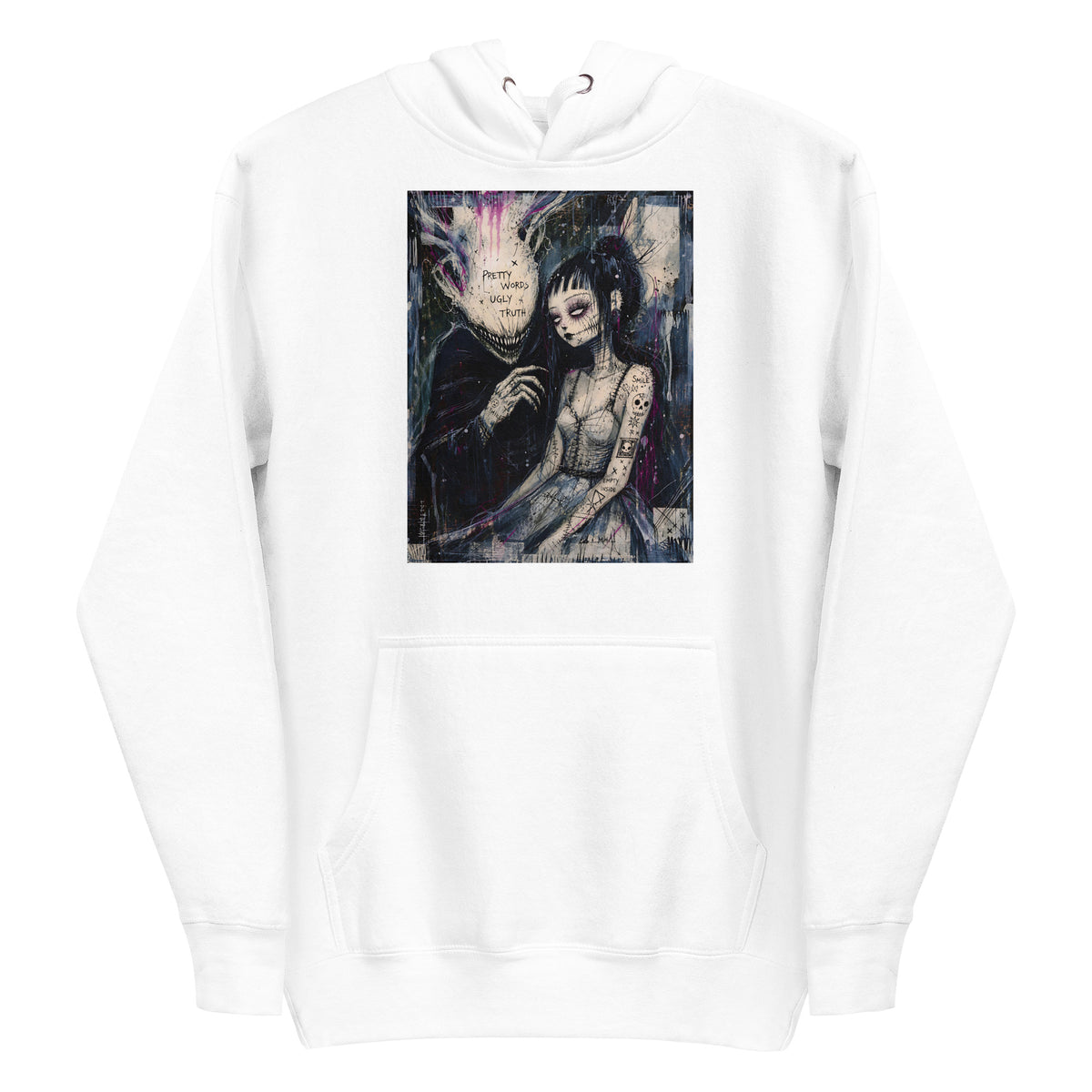 White pullover hoodie with the 'Pretty Words' goth graphic: a pale goth bride beside a shadowy creature, with the words "Pretty words, ugly truth"