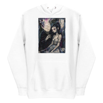 White pullover hoodie with the 'Pretty Words' goth graphic: a pale goth bride beside a shadowy creature, with the words "Pretty words, ugly truth"