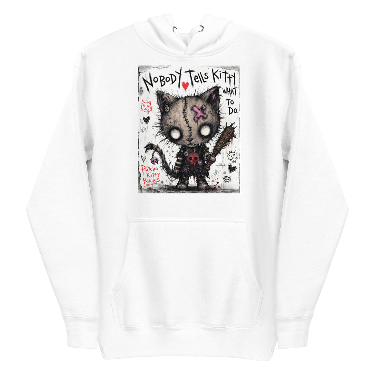 White pullover hoodie with the 'Kitty' goth graphic: a stitched zombie cat holding a spiked bat, with the words "Nobody tells Kitty what to do"