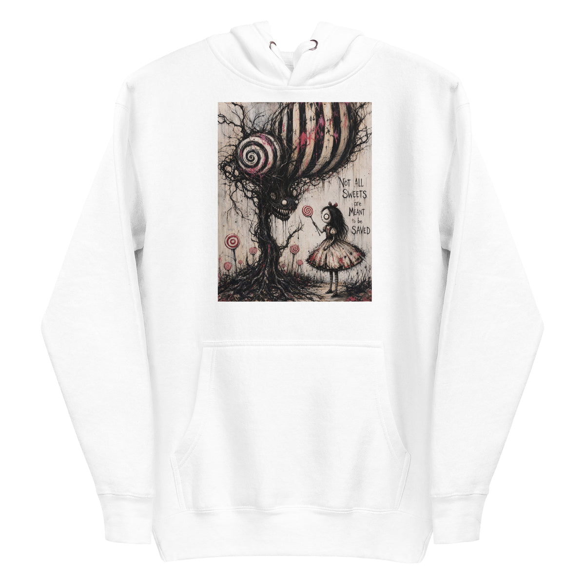 White pullover hoodie with the 'Sweet Tooth' goth graphic: a girl with a lollipop facing a creepy candy-striped tree monster, with the words "Not all sweets are meant to be saved"