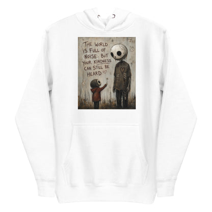 White pullover hoodie with the 'Stay Kind' goth graphic: a tall skull-faced figure and a small child holding a flower, with the words "The world is full of noise, but your kindness can still be heard"