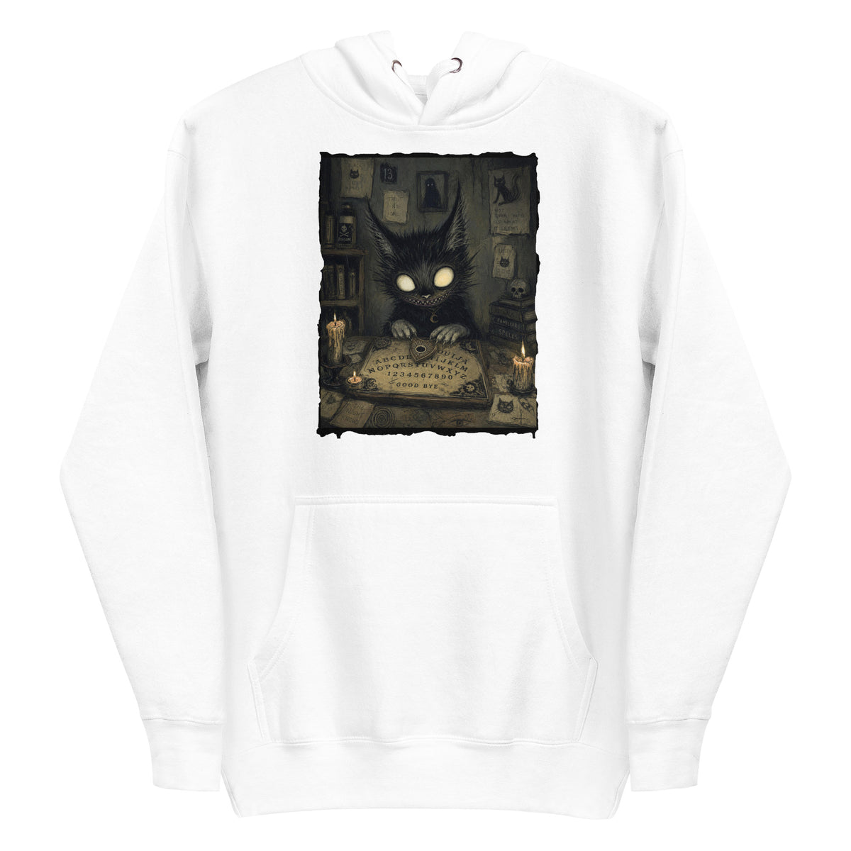 White pullover hoodie with the 'Free Readings' goth graphic: a wide-eyed black cat creature at a Ouija board surrounded by candles
